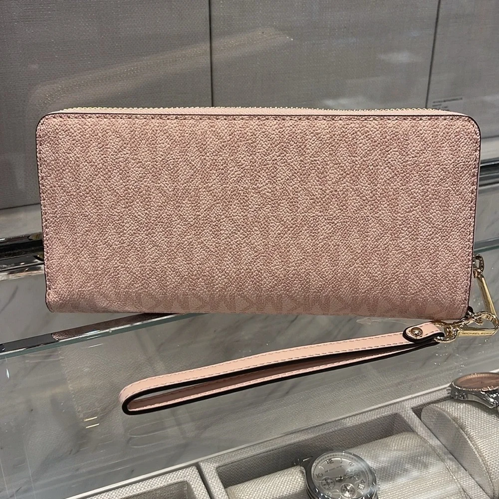 MICHAEL KORS Jet Set Travel Lg Signature Logo Continental Wristlet POWDER BLUSH